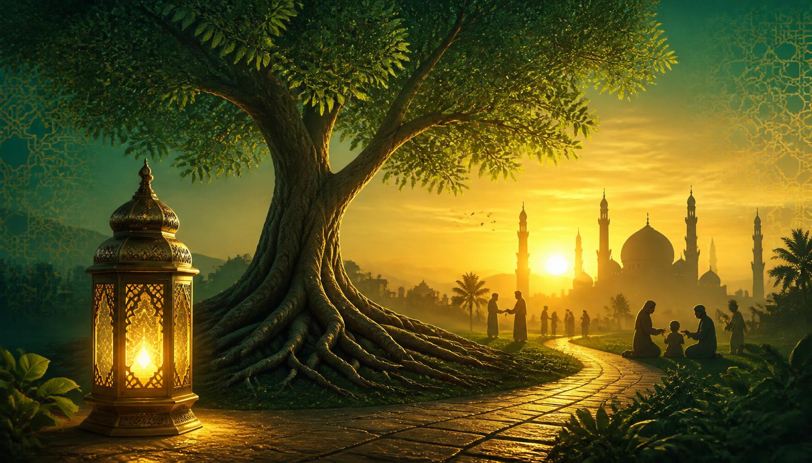 A glowing lantern lighting a path beside a deeply rooted, flourishing tree with a mosque silhouette at sunrise and missionaries serving their community